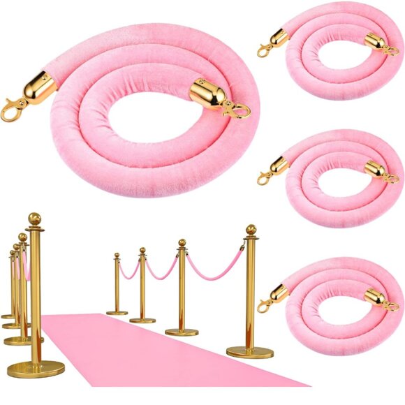 Pink Velvet Stanchion Rope 4 Feet Velvet Ropes with Gold Clasps for Party Hotels - Picture 2 of 3